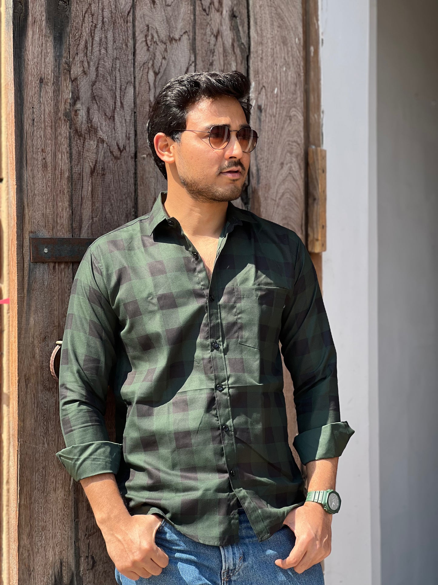 Stylish checked olive green shirt