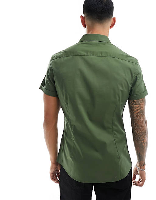 Short sleeve stretch slim fit work shirt in khaki