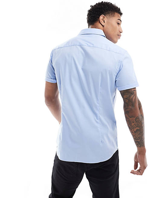 Short sleeve stretch slim fit work shirt in blue