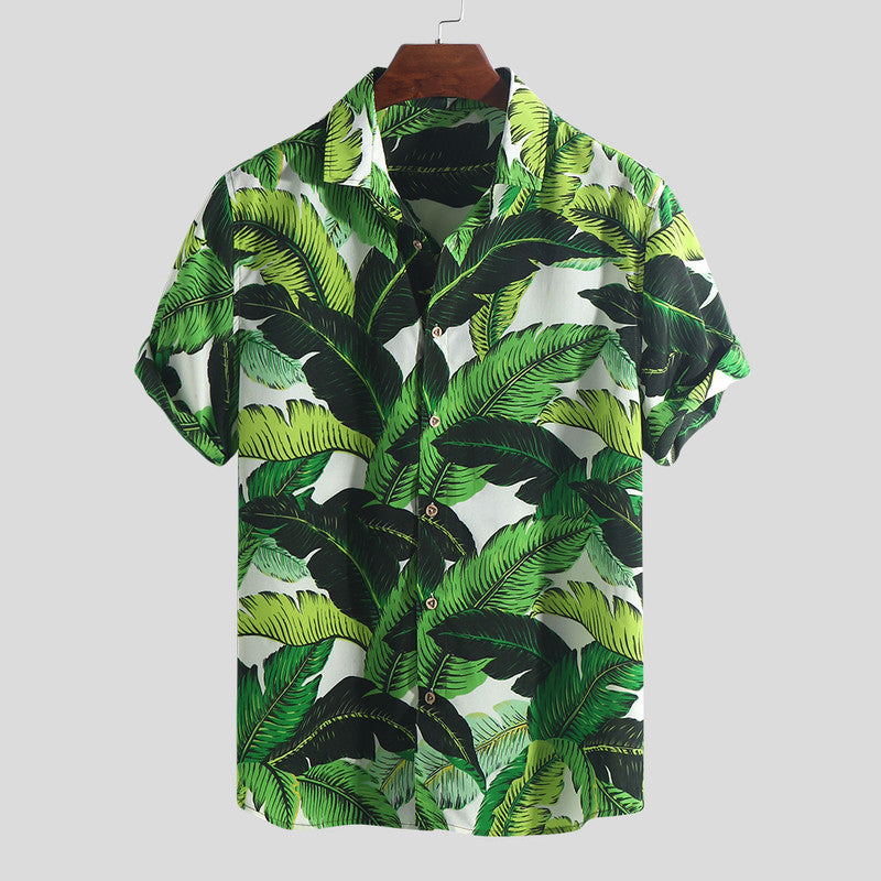 Green Leaf print short sleeve casual shirt