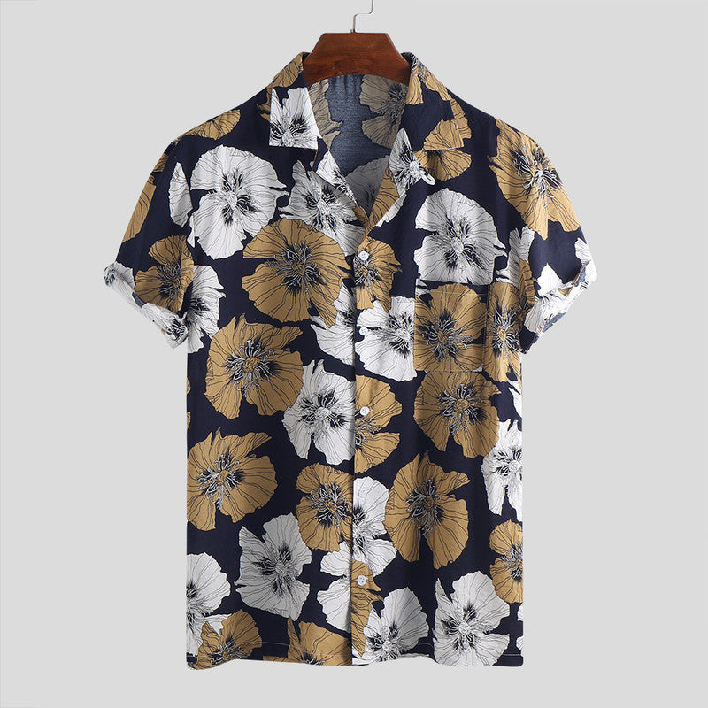 Men's Big Leaf print short sleeve casual shirt