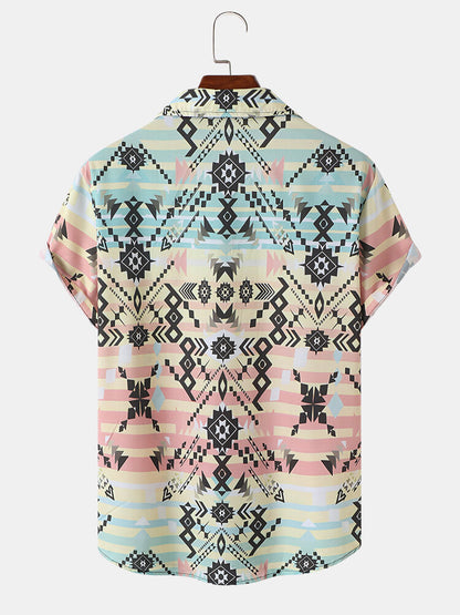 Pastel Color Mesh Print Short Sleeve Shirt