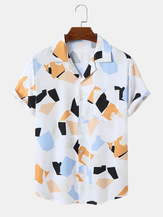 Color blocked Print Short Sleeve White Shirt