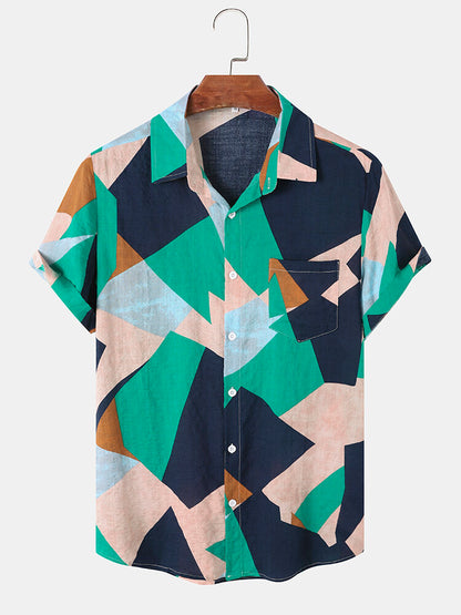 Green Geometric Print Short Sleeve Shirt
