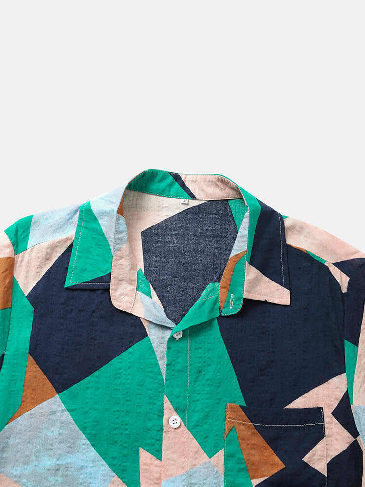 Green Geometric Print Short Sleeve Shirt