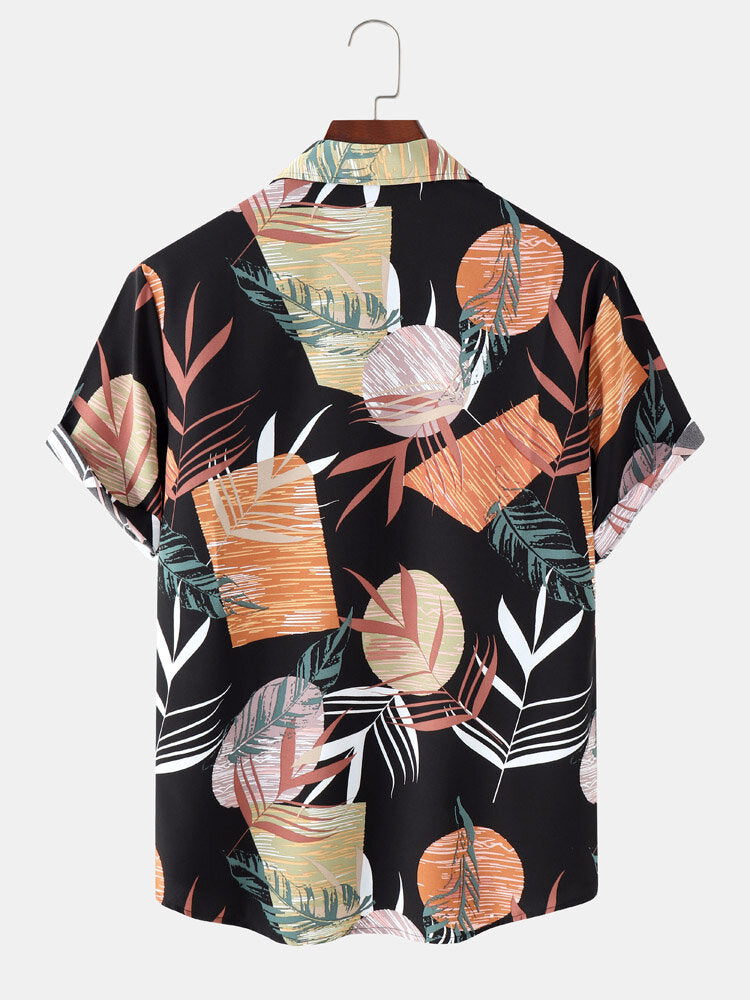Geometric and Tropical Leaf Print Black Shirt