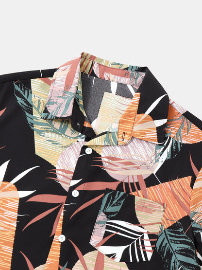 Geometric and Tropical Leaf Print Black Shirt