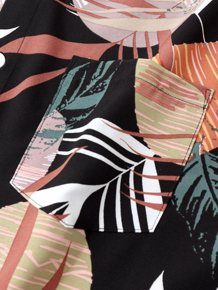 Geometric and Tropical Leaf Print Black Shirt