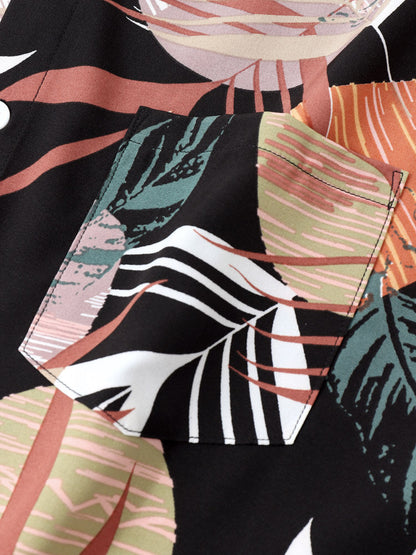 Geometric and Tropical Leaf Print Black Shirt