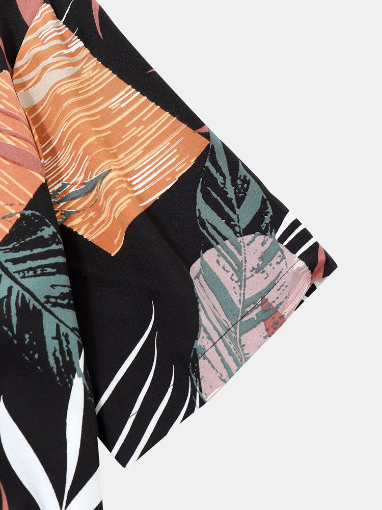 Geometric and Tropical Leaf Print Black Shirt
