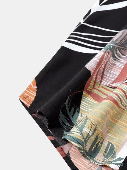 Geometric and Tropical Leaf Print Black Shirt