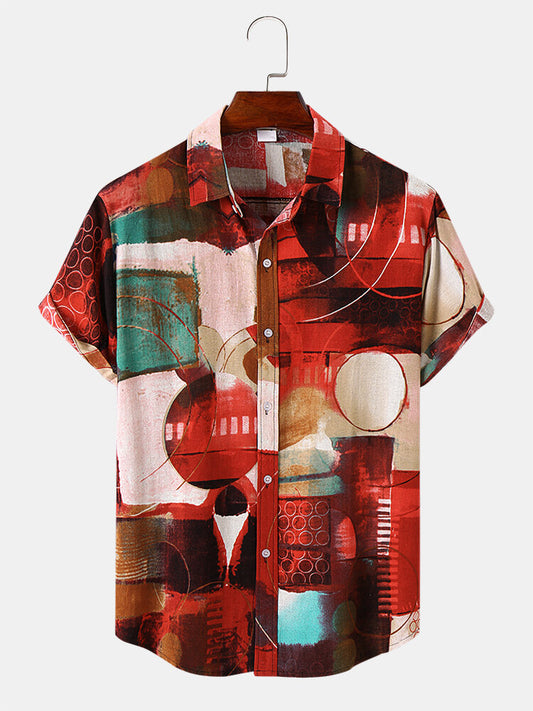 Men's Abstract Print Red Short Sleeve Shirt
