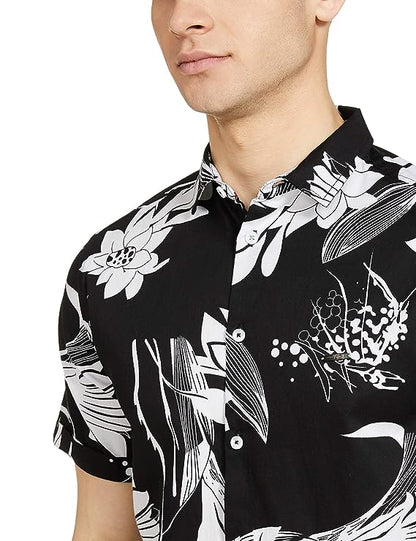 Cut-Leaf Black and White Printed Shirt