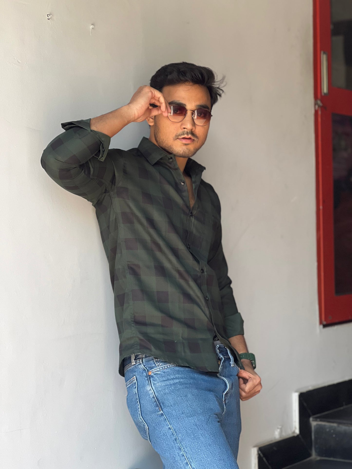 Stylish checked olive green shirt