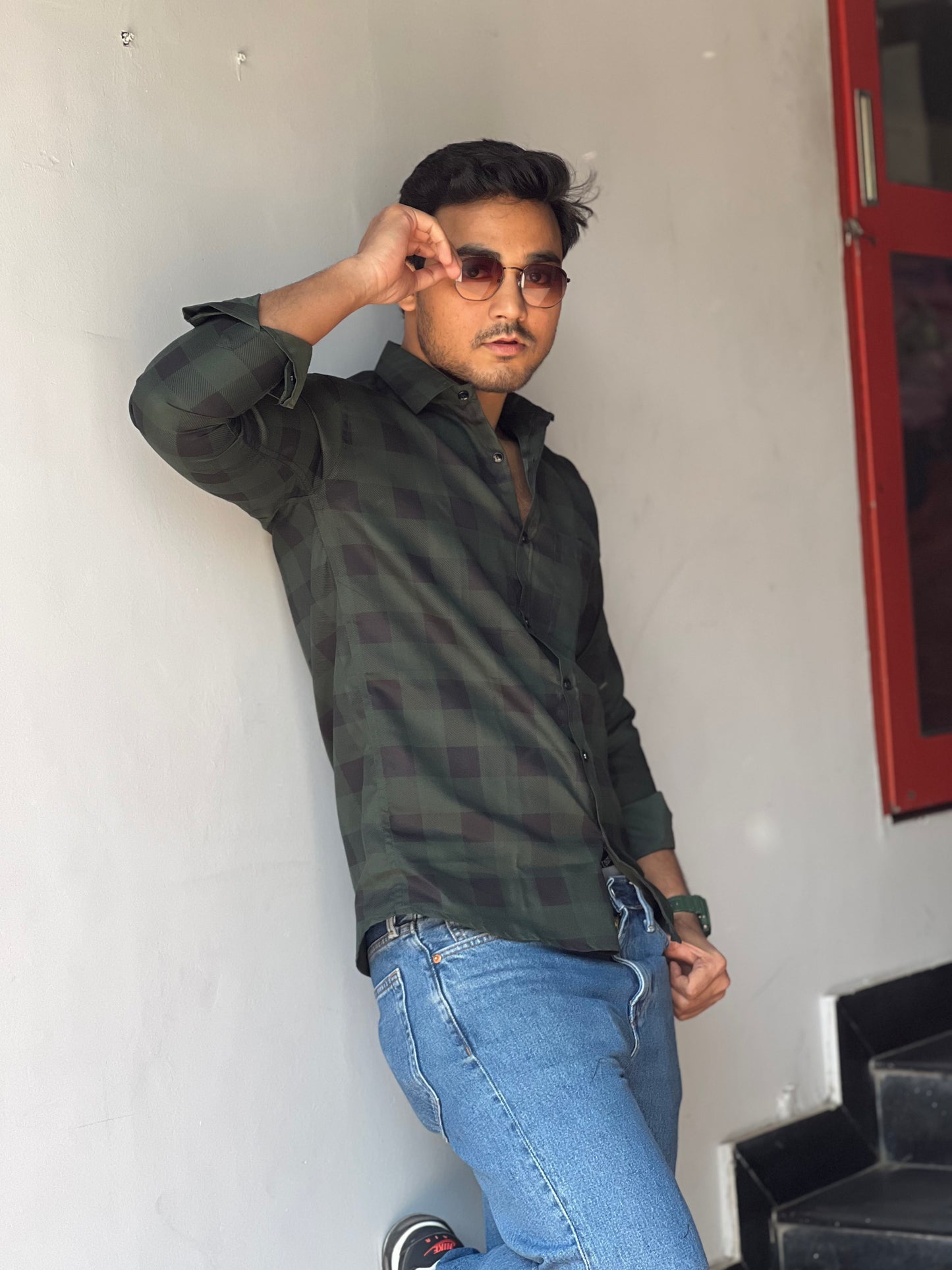 Stylish checked olive green shirt