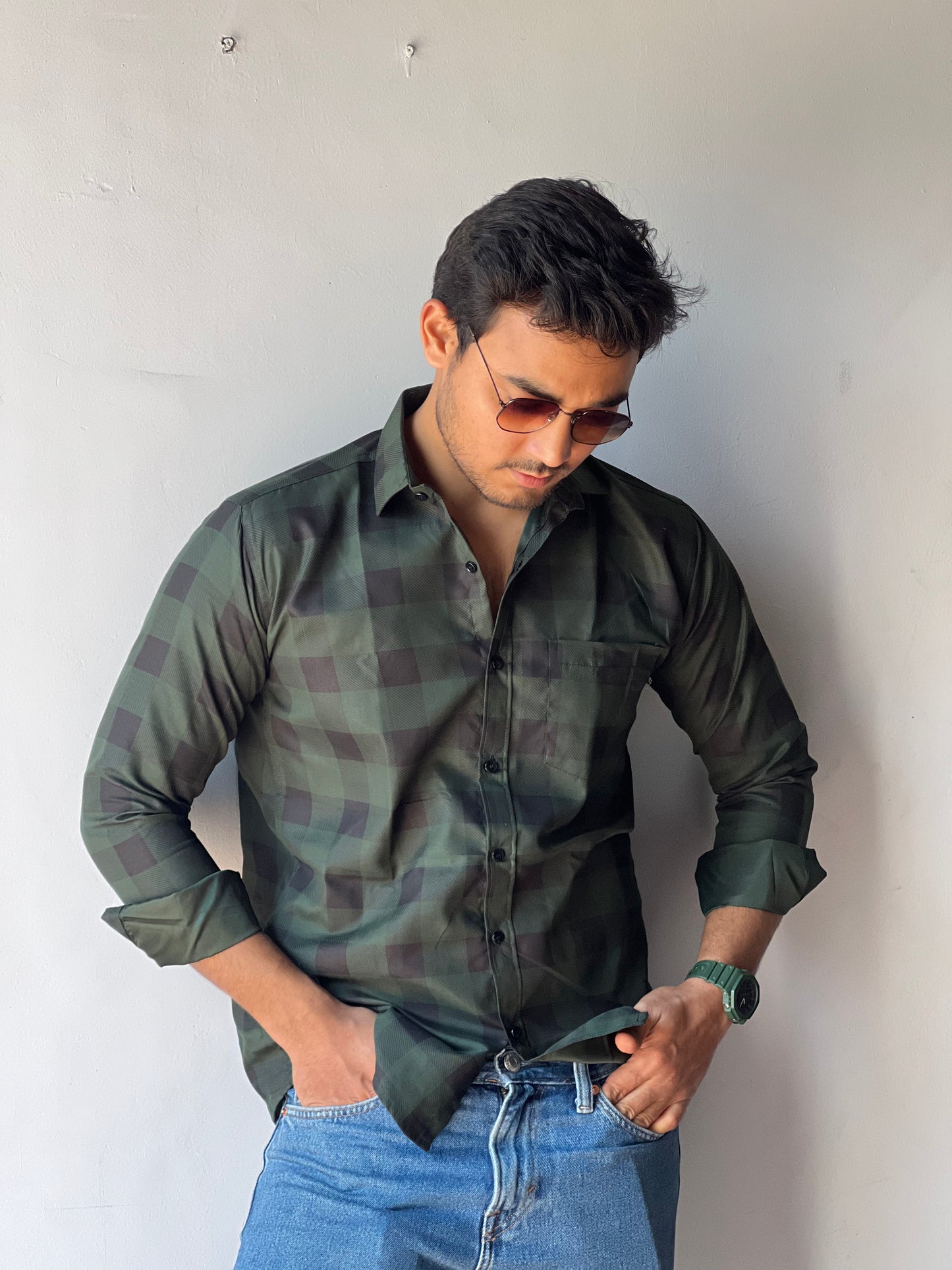Stylish checked olive green shirt