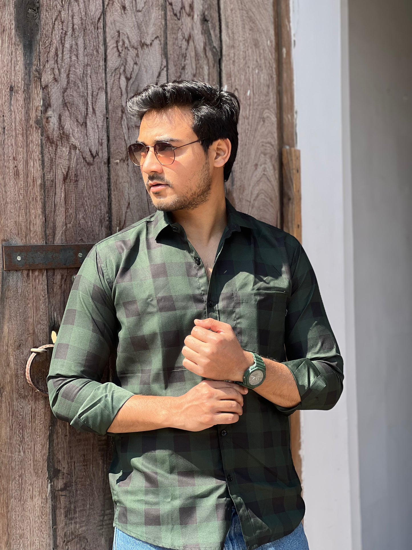 Stylish checked olive green shirt