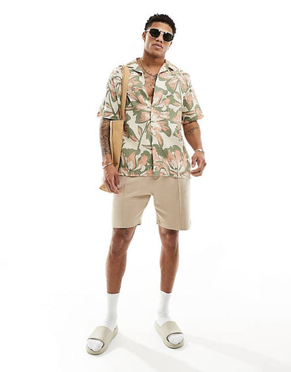 Relaxed revere shirt in textured neutral print