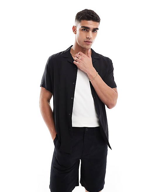 Viscose shirt with revere collar in black
