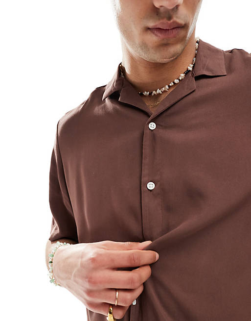 Relaxed fit viscose shirt with revere collar in brown