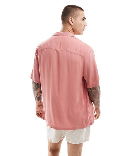 Relaxed fit viscose shirt with revere collar in clay pink