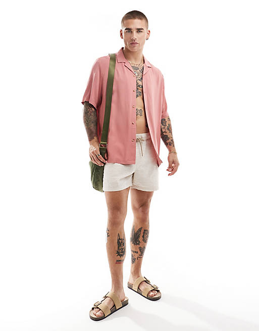 Relaxed fit viscose shirt with revere collar in clay pink