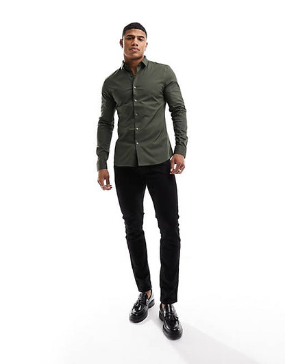 Long sleeve muscle fit poplin shirt in khaki Green