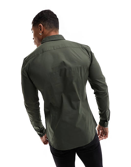 Long sleeve muscle fit poplin shirt in khaki Green