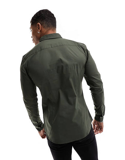 Long sleeve muscle fit poplin shirt in khaki Green