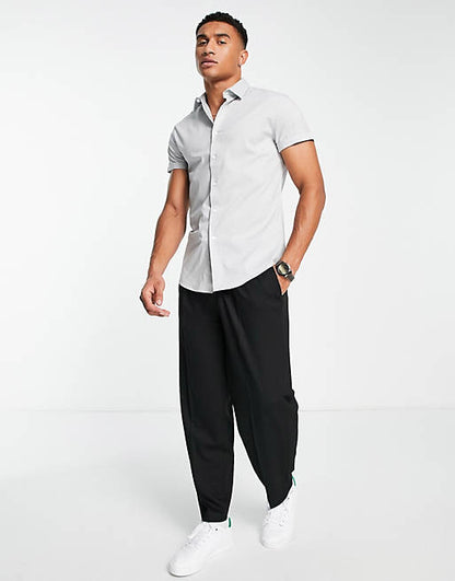 Short sleeve stretch slim fit work shirt in grey