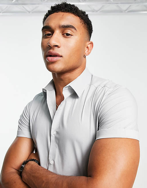 Short sleeve stretch slim fit work shirt in grey