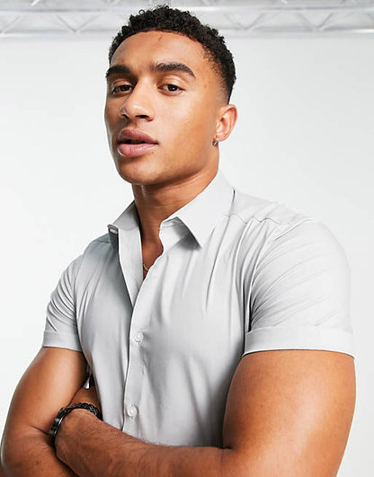 Short sleeve stretch slim fit work shirt in grey