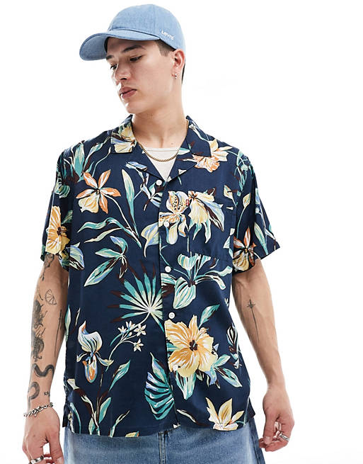 Sunset camp shirt in navy Hawaiian print