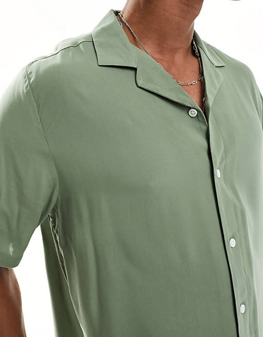 Relaxed fit viscose shirt with revere collar in khaki