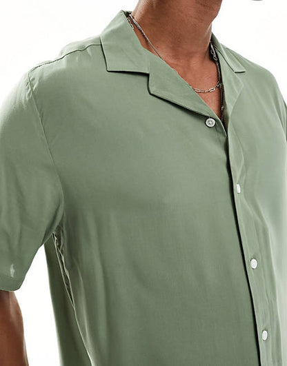 Relaxed fit viscose shirt with revere collar in khaki