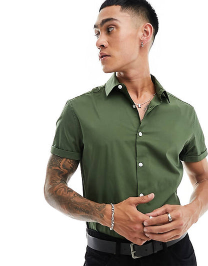 Short sleeve stretch slim fit work shirt in khaki