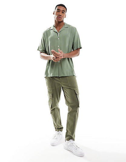 Relaxed fit viscose shirt with revere collar in khaki