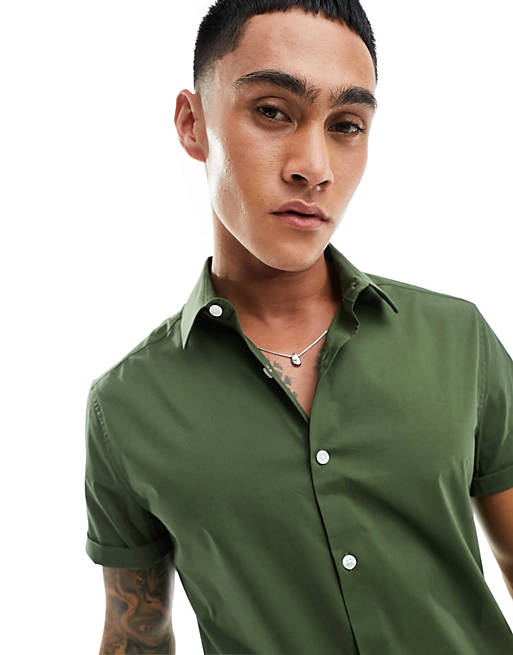 Short sleeve stretch slim fit work shirt in khaki