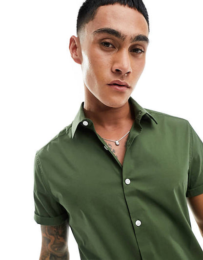 Short sleeve stretch slim fit work shirt in khaki