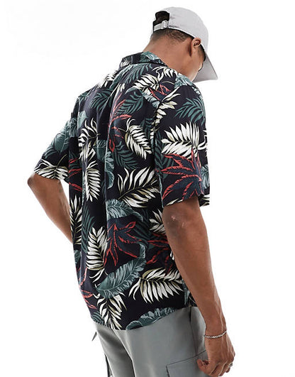 Revere collar regular fit viscose shirt in black leaf print
