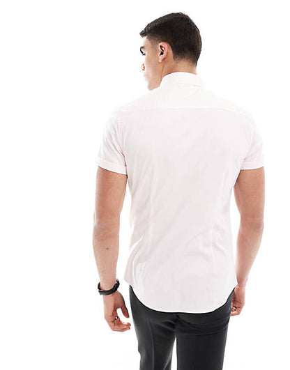 Short sleeve stretch slim fit work shirt in light pink