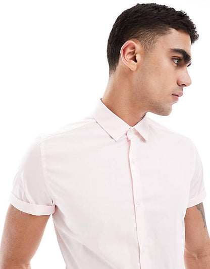 Short sleeve stretch slim fit work shirt in light pink