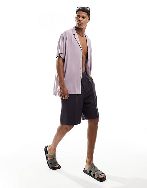 Relaxed viscose shirt with deep revere collar in mauve