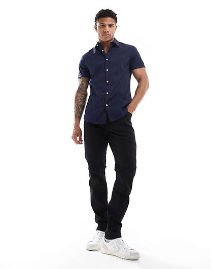 Short sleeve stretch slim fit work shirt in navy