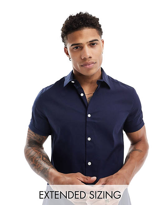Short sleeve stretch slim fit work shirt in navy