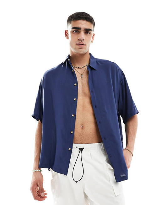 Oversized viscose shirt in navy