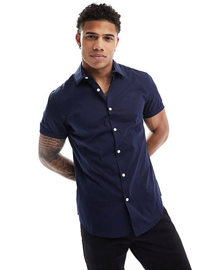 Short sleeve stretch slim fit work shirt in navy