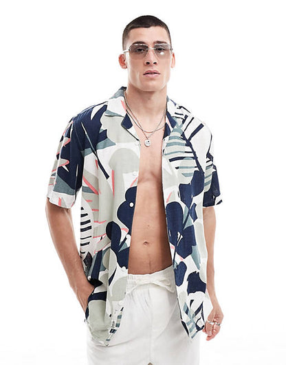 Regular fit linen mix shirt in abstract palm print