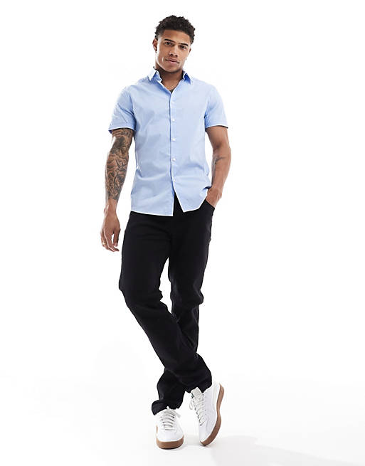 Short sleeve stretch slim fit work shirt in blue