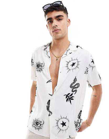 Relaxed camp collar shirt in tarot icon print in white